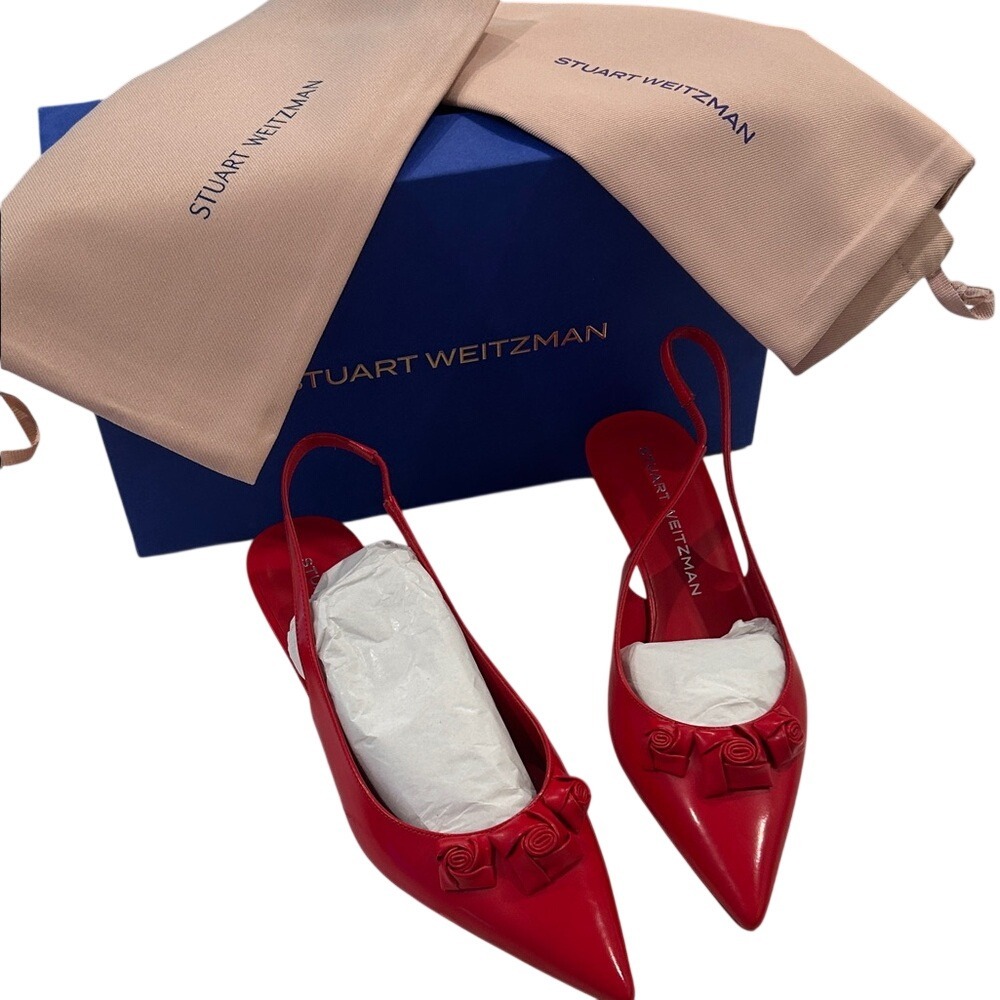 Stuart Weitzman Red Leather Pointed Toe Slingback Heels Roses Size 7.5B